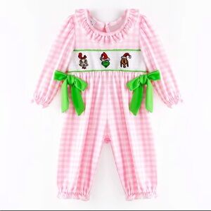 Pink Gingham Character Smocked Boutique Bow Grinch Long Sleeve One Piece Romper